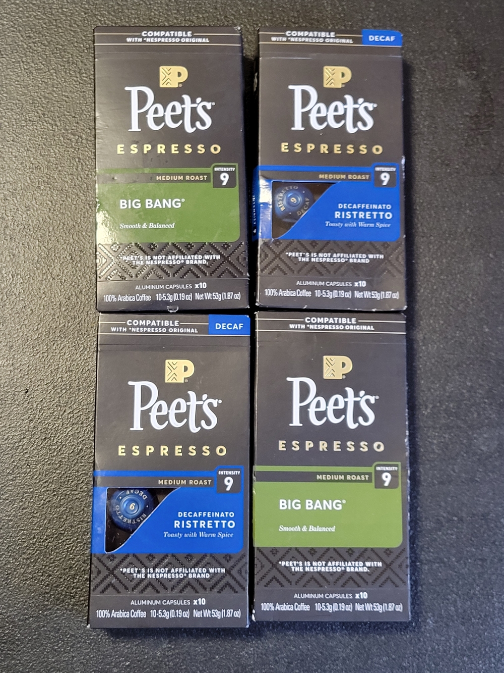 NIB Peets 2 Big Bang & 2 Decaffeinato Ristretto 40 Nespresso Expresso Capsules